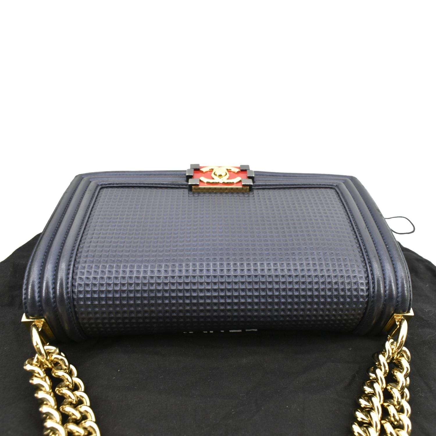 Chanel Boy Flap Cube Embossed Navy Leather Blue Travel Bag