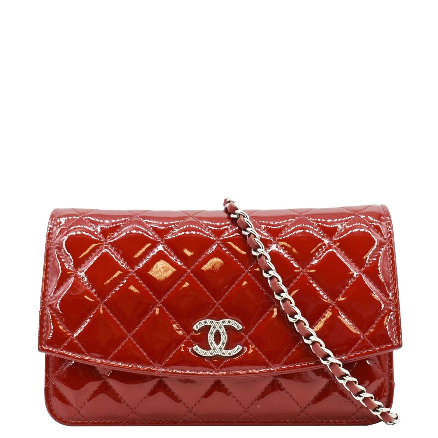 Chanel Brilliant Woc Quilted Patent Leather Crossbody Wallet Red