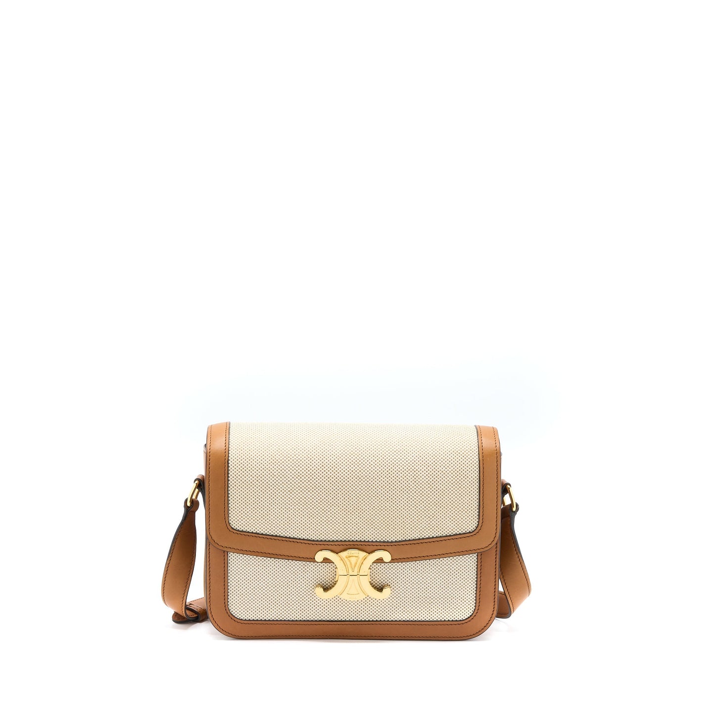 Celine Triomphe Purse Textile Calfskin Handbag White Tan Travel Bag