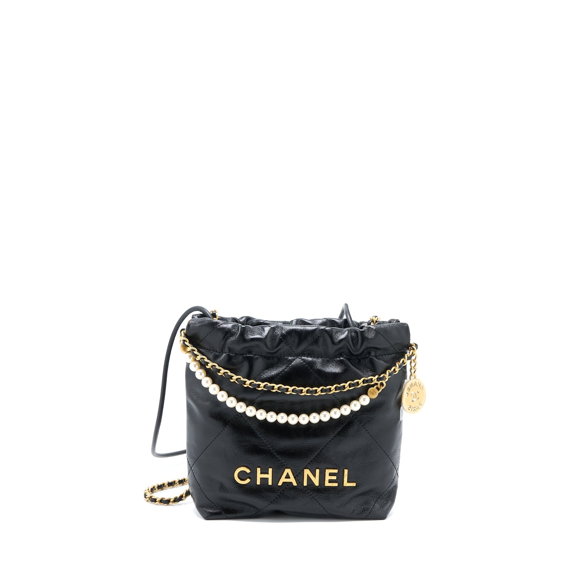 Chanel 23S 22 Pearl Shiny Calfskin GHW Black Mini Bag Microchip 1