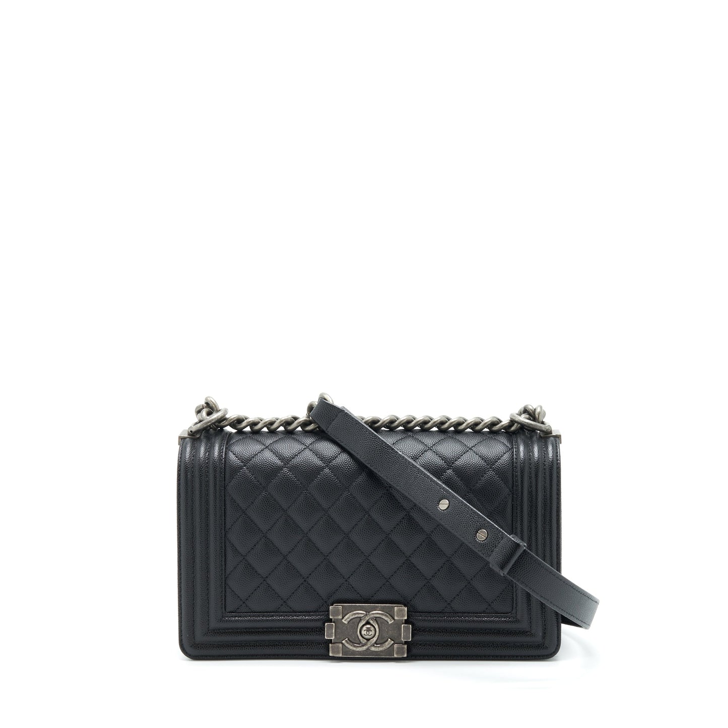 Chanel Boy Caviar Ruthenium Sliver Hardware Black Handbag