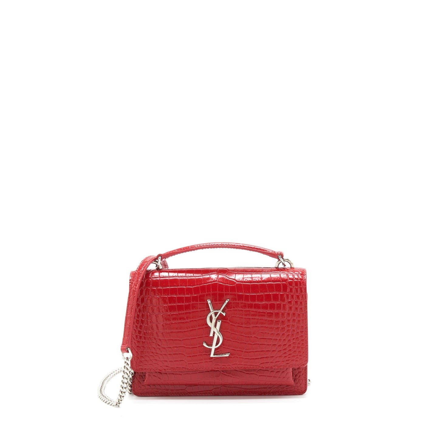 YSL Saint Laurent Sunset Crocodile Embossed Travel Bag Red Mini