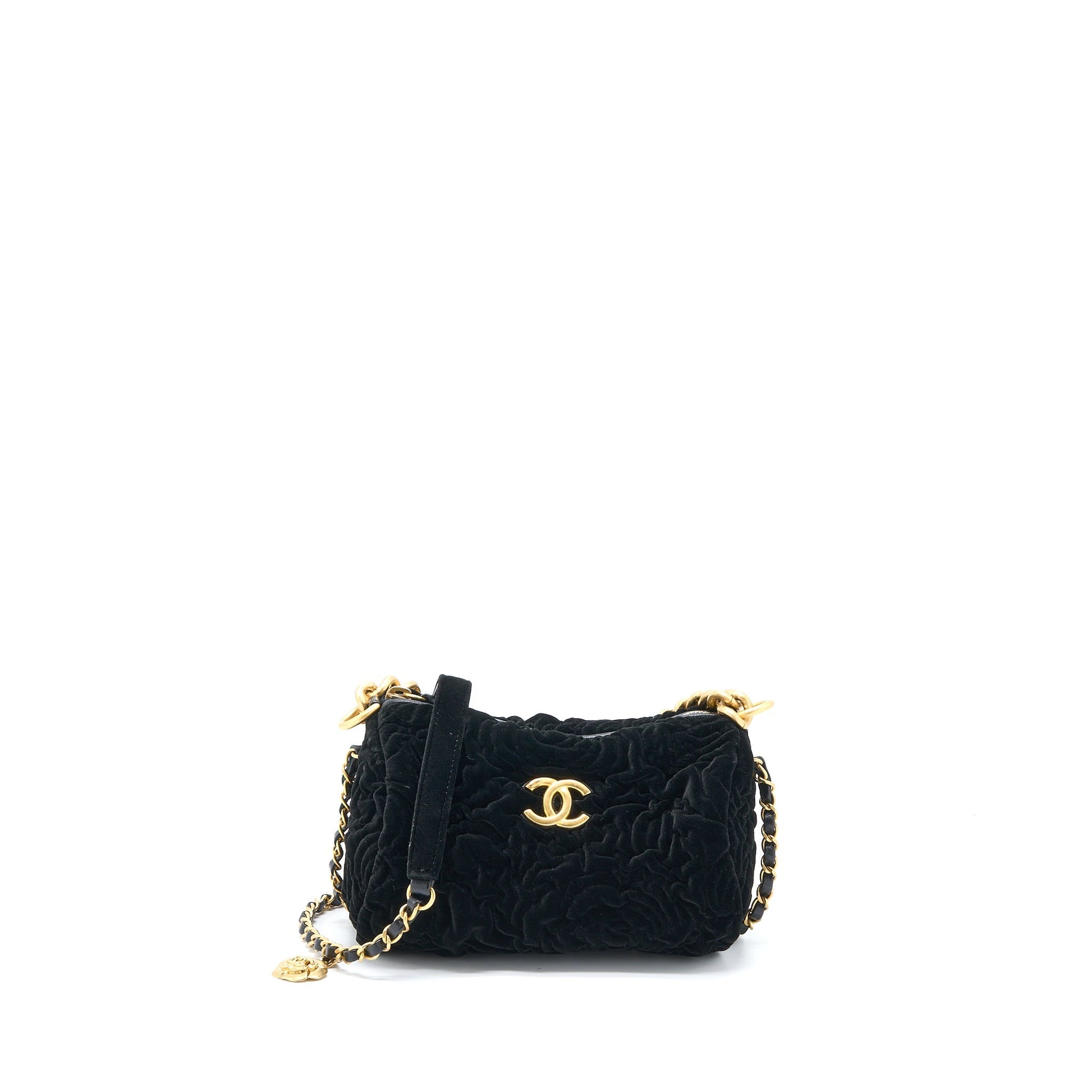 Chanel Boston Camellia Velvet GHW Microchip Black Travel Bag