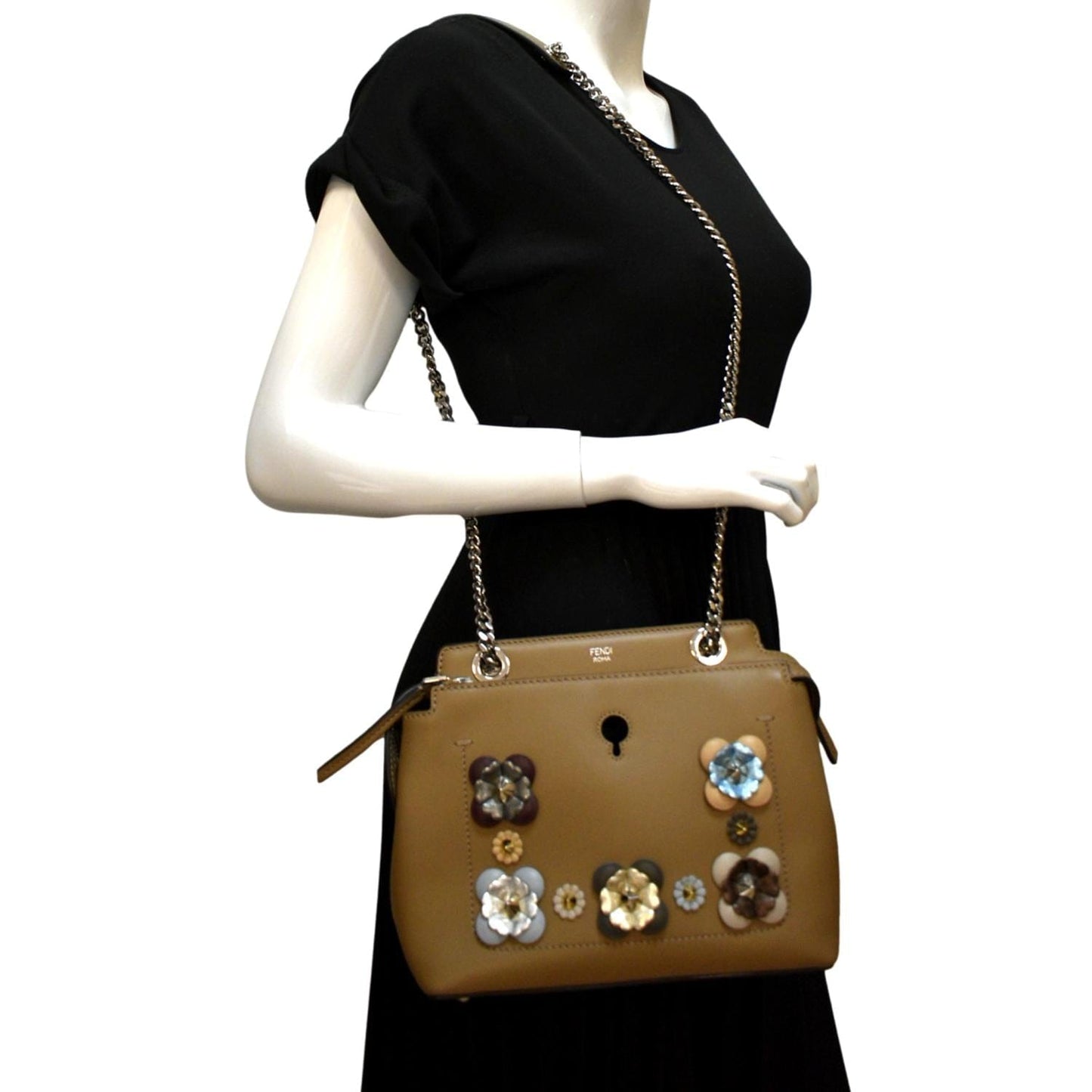 Fendi Dotcom Flower Embellished Shoulder Bag Leather Tan