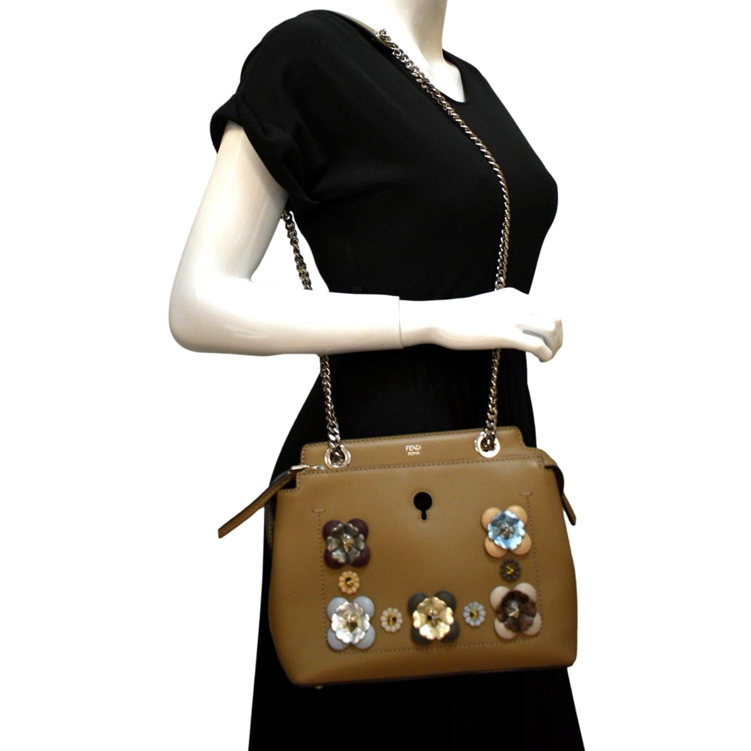 Fendi Dotcom Flower Embellished Shoulder Bag Leather Tan