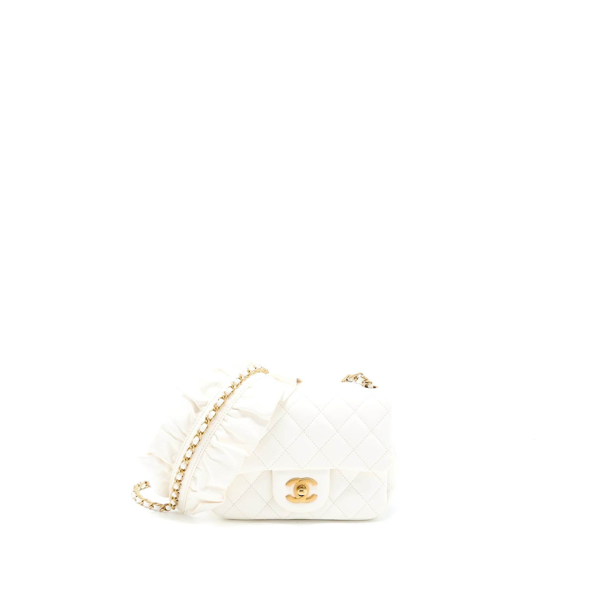 Chanel Square Flap Detailed Ribbon Lambskin GHW White Shoulder Bag