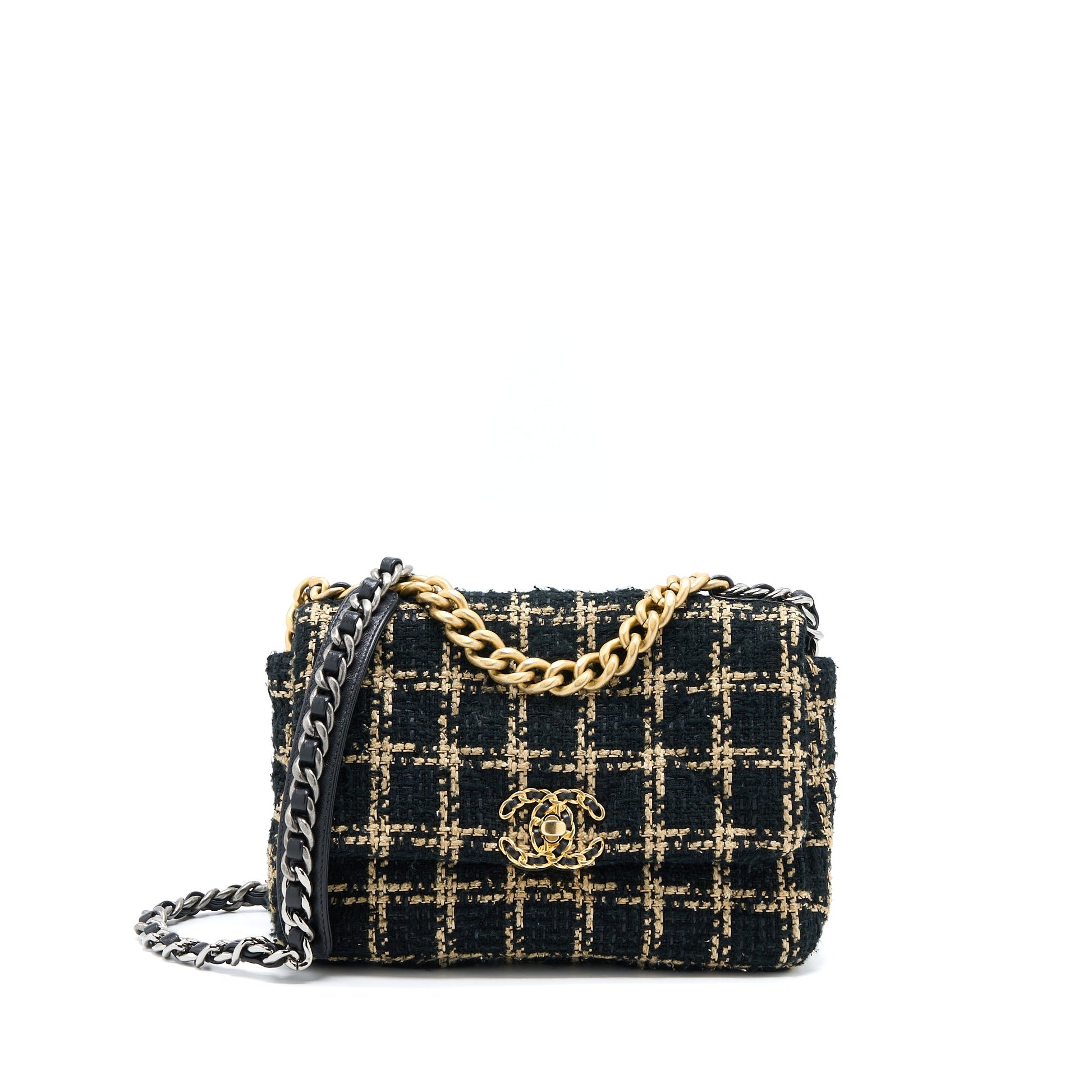 Chanel Tweed 19 Flap Hardware Multicolour Black Gold Small Shoulder Bag