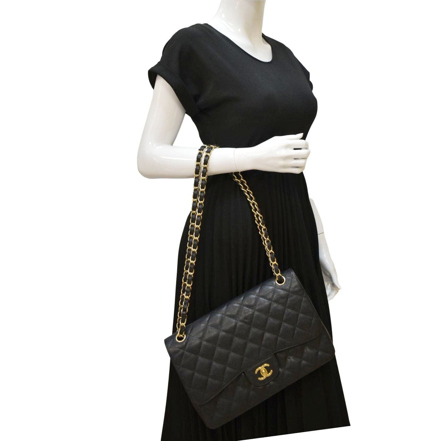 Chanel Classic Double Flap Quilted Caviar Leather Black Travel Bag Flap Bag
