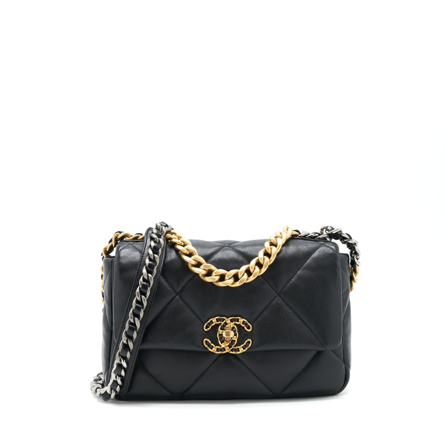 Chanel 19 flap Lambskin Sliver Hardware Black Gold Small Shoulder Bag