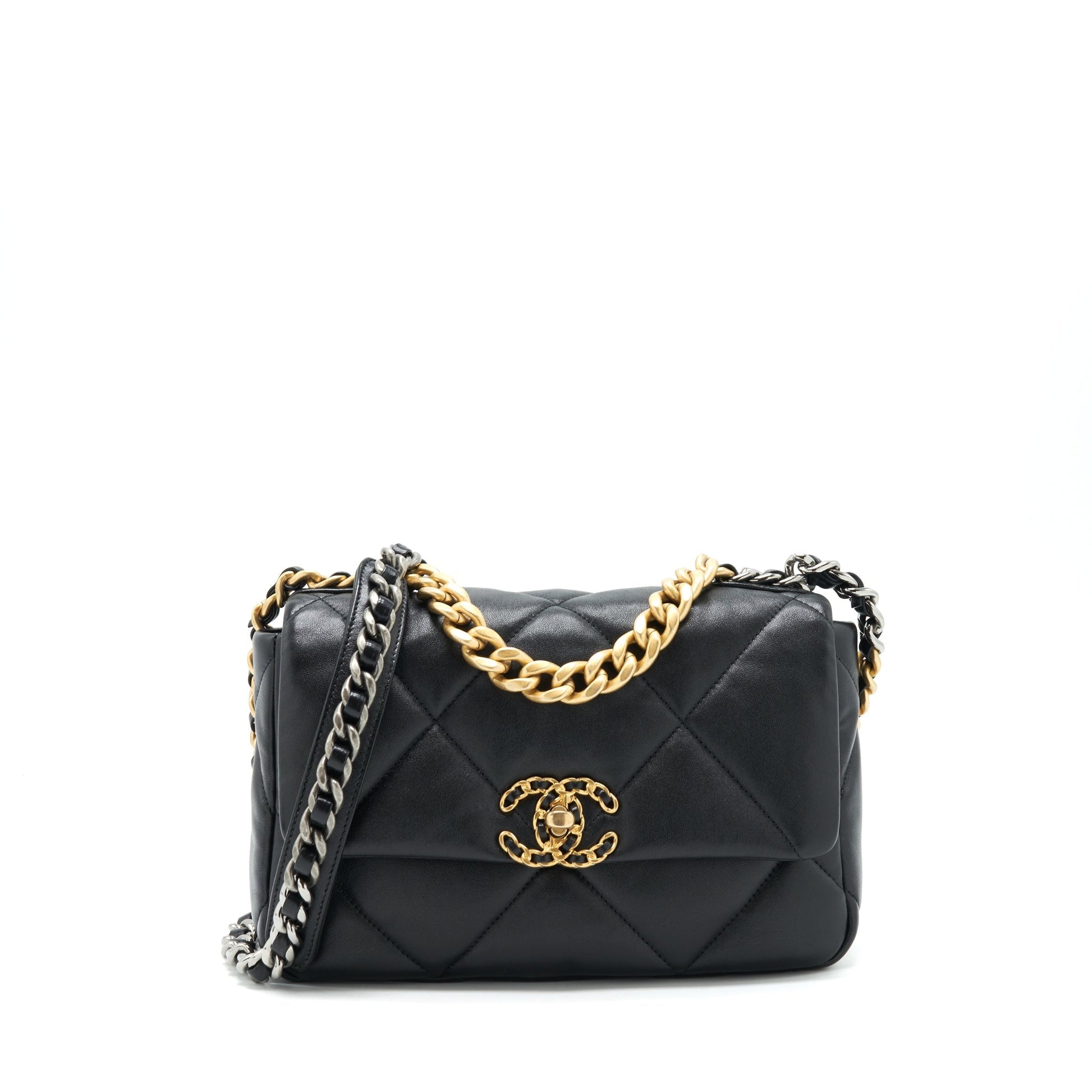Chanel 19 flap Lambskin Sliver Hardware Black Gold Small Shoulder Bag