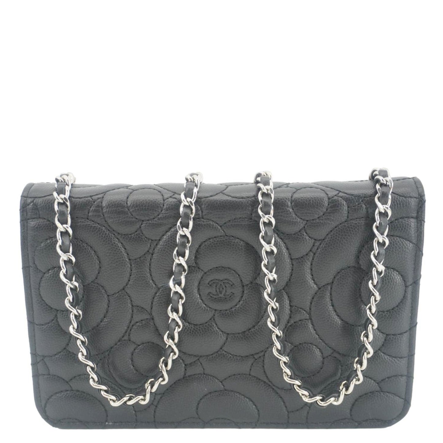 Chanel Camellia Caviar on Leather Black Wallet Case