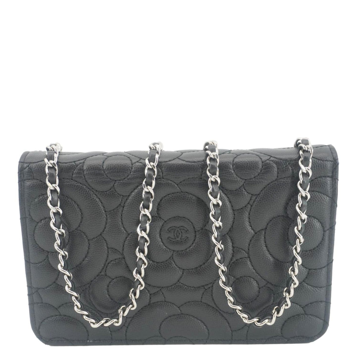 Chanel Camellia Caviar on Leather Black Wallet Case