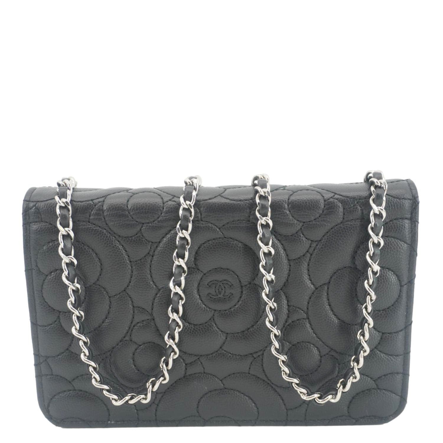 Chanel Camellia Caviar Leather Wallet On Chain Shoulder Bag Black