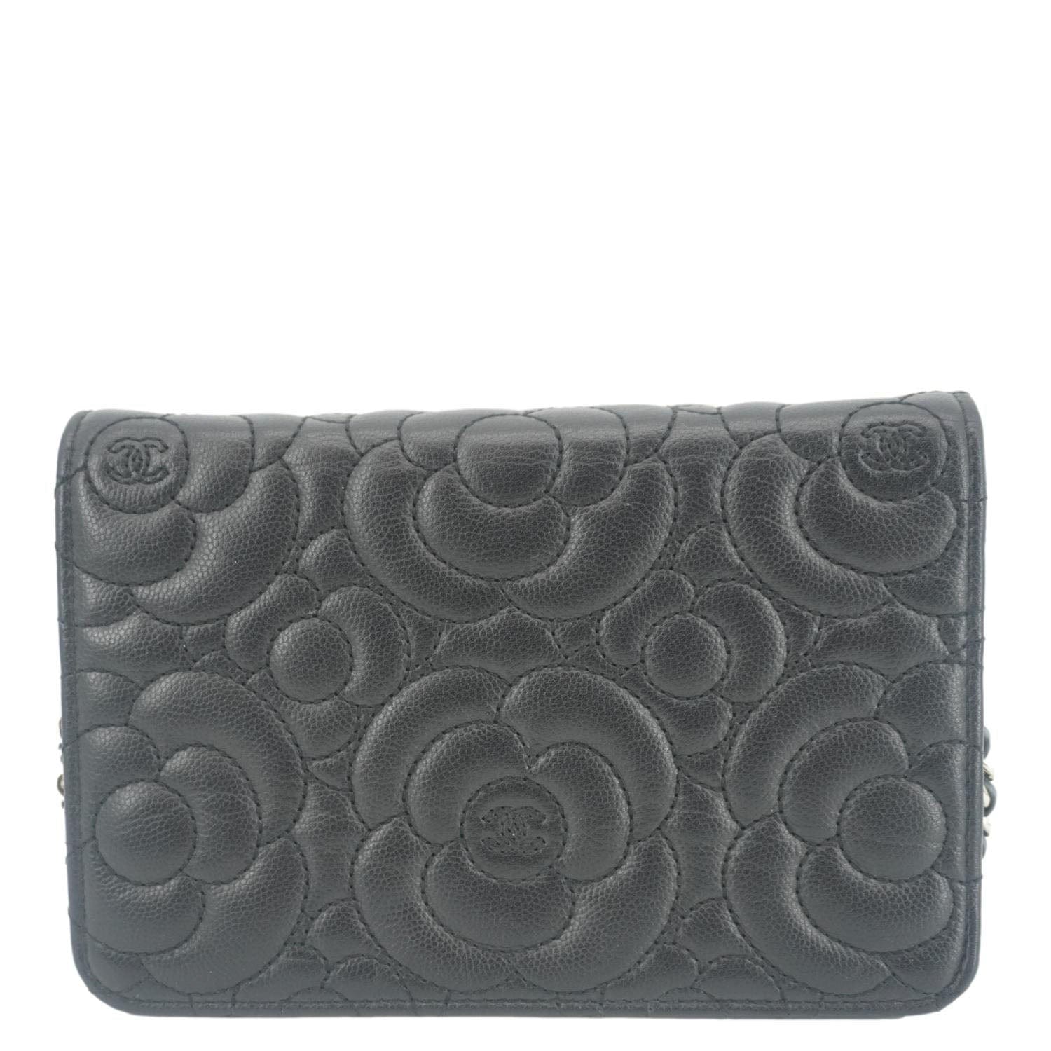 Chanel Camellia Caviar on Leather Black Wallet Case