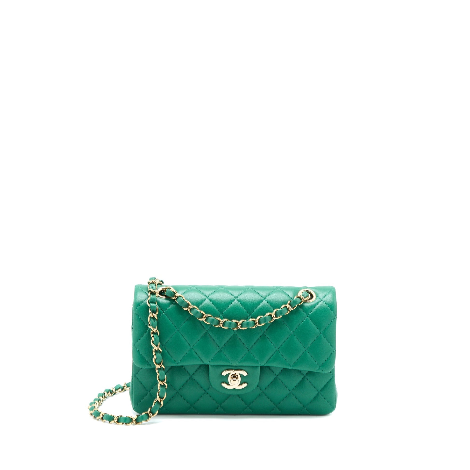 Chanel Classic Double Flap Lambskin LGHW Microchip Green Small Shoulder Bag