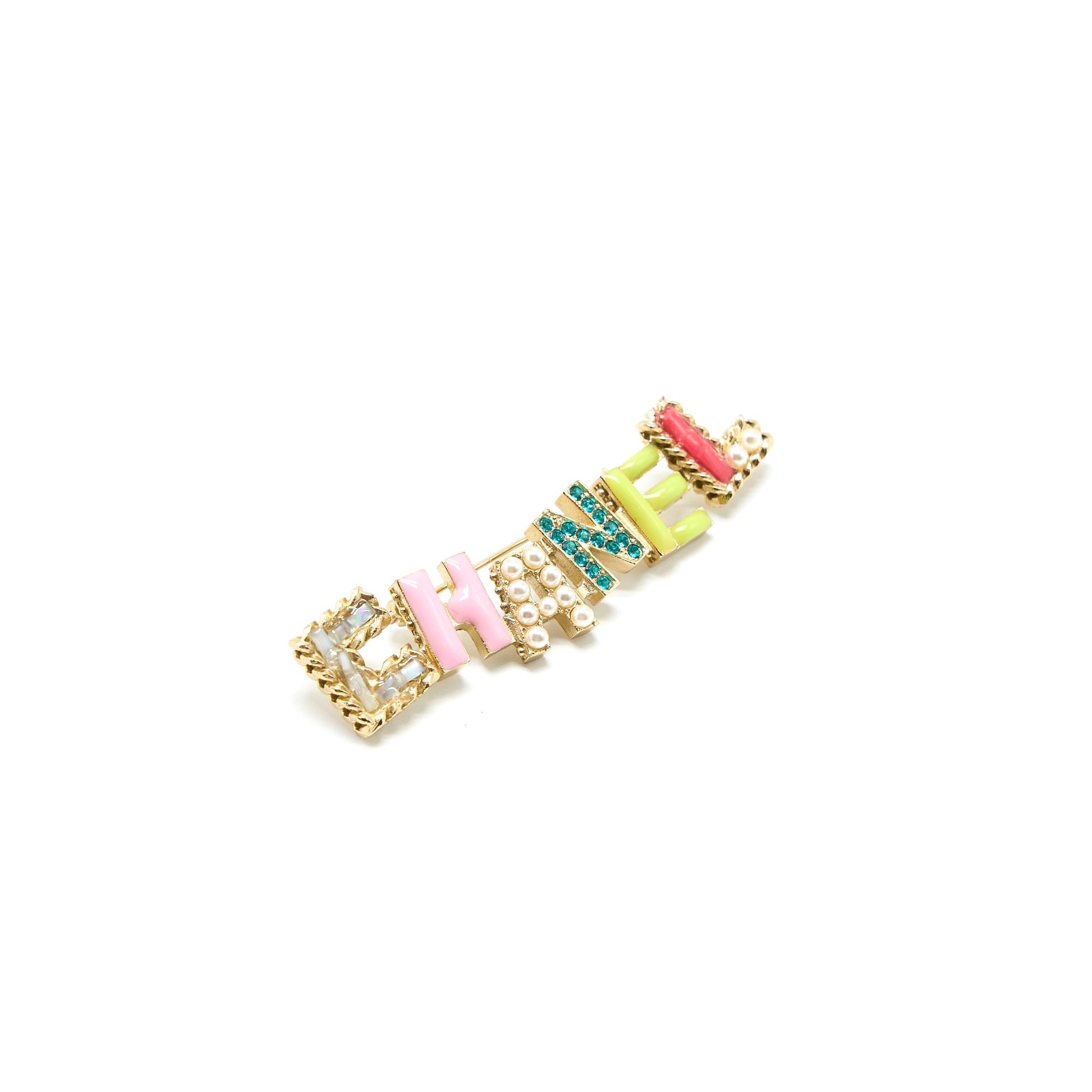 Chanel Letter Brooch Crystal Pearl Light Tone Multicolour Gold Handbag