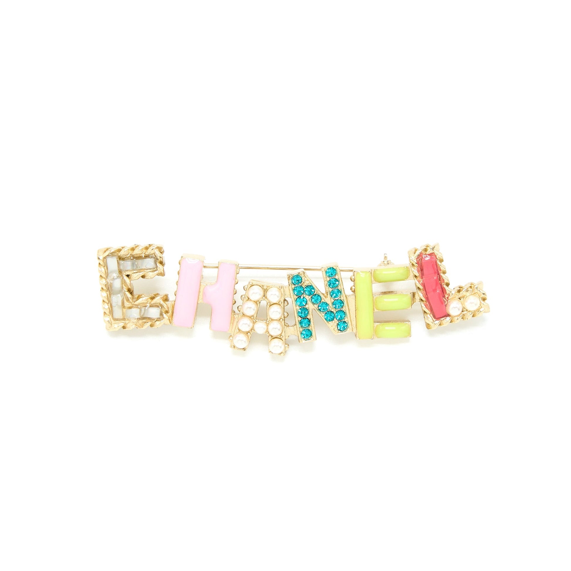 Chanel Letter Brooch Crystal Pearl Light Tone Multicolour Gold Handbag