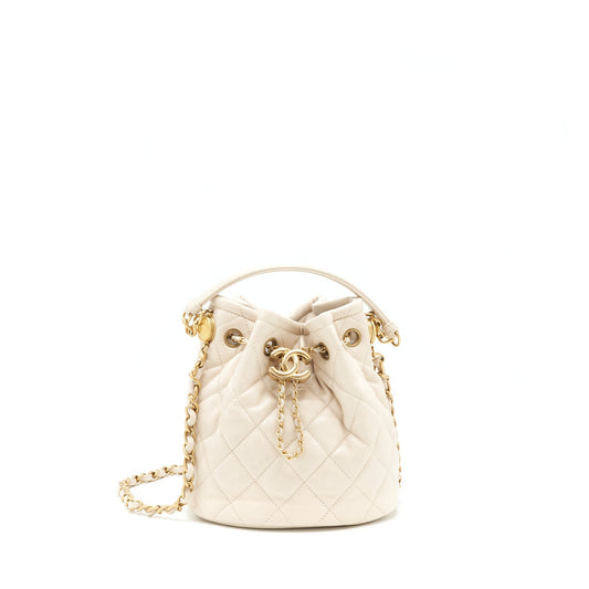 Chanel Button Bucket Lambskin GHW White Crossbody Bag