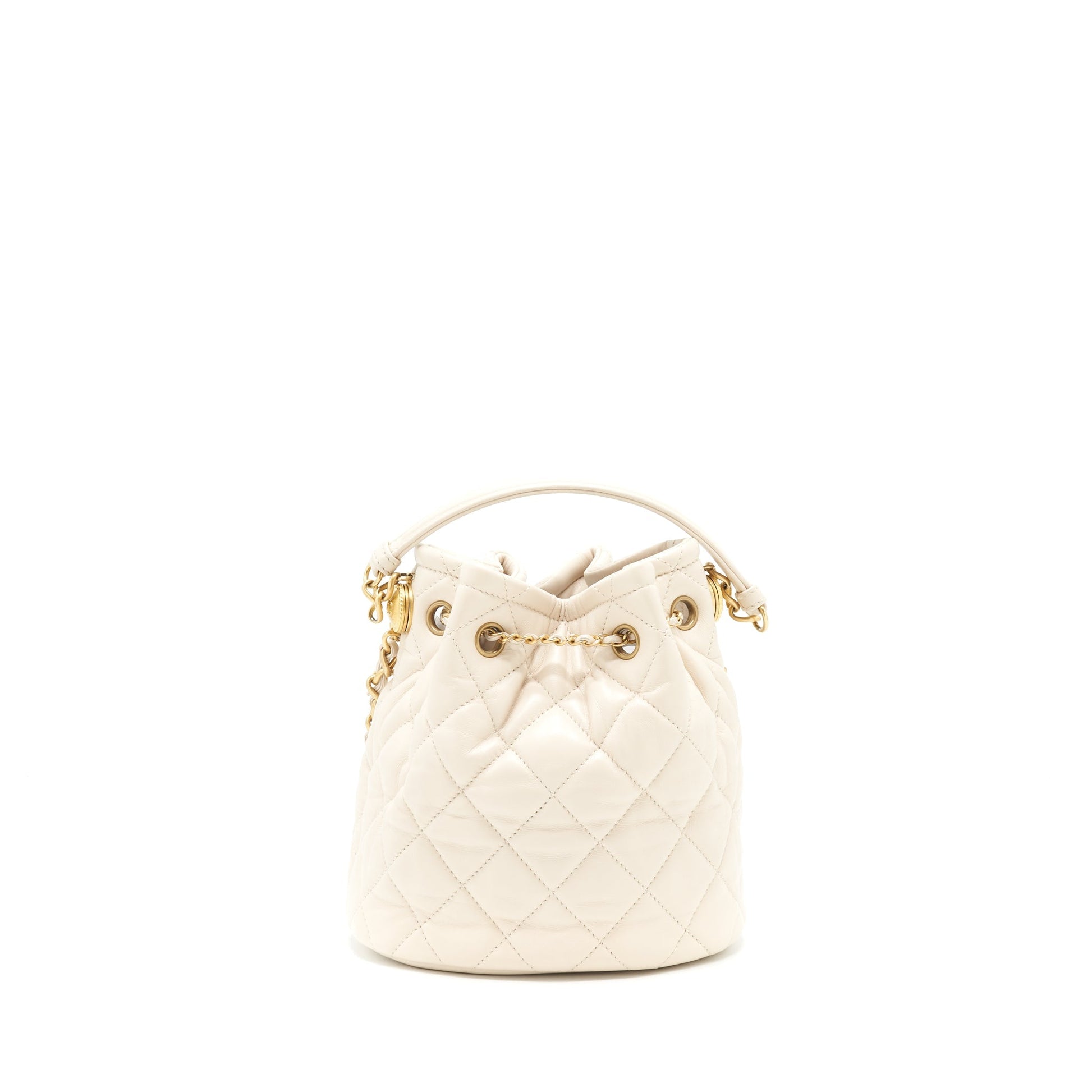 Chanel Button Bucket Lambskin GHW White Crossbody Bag