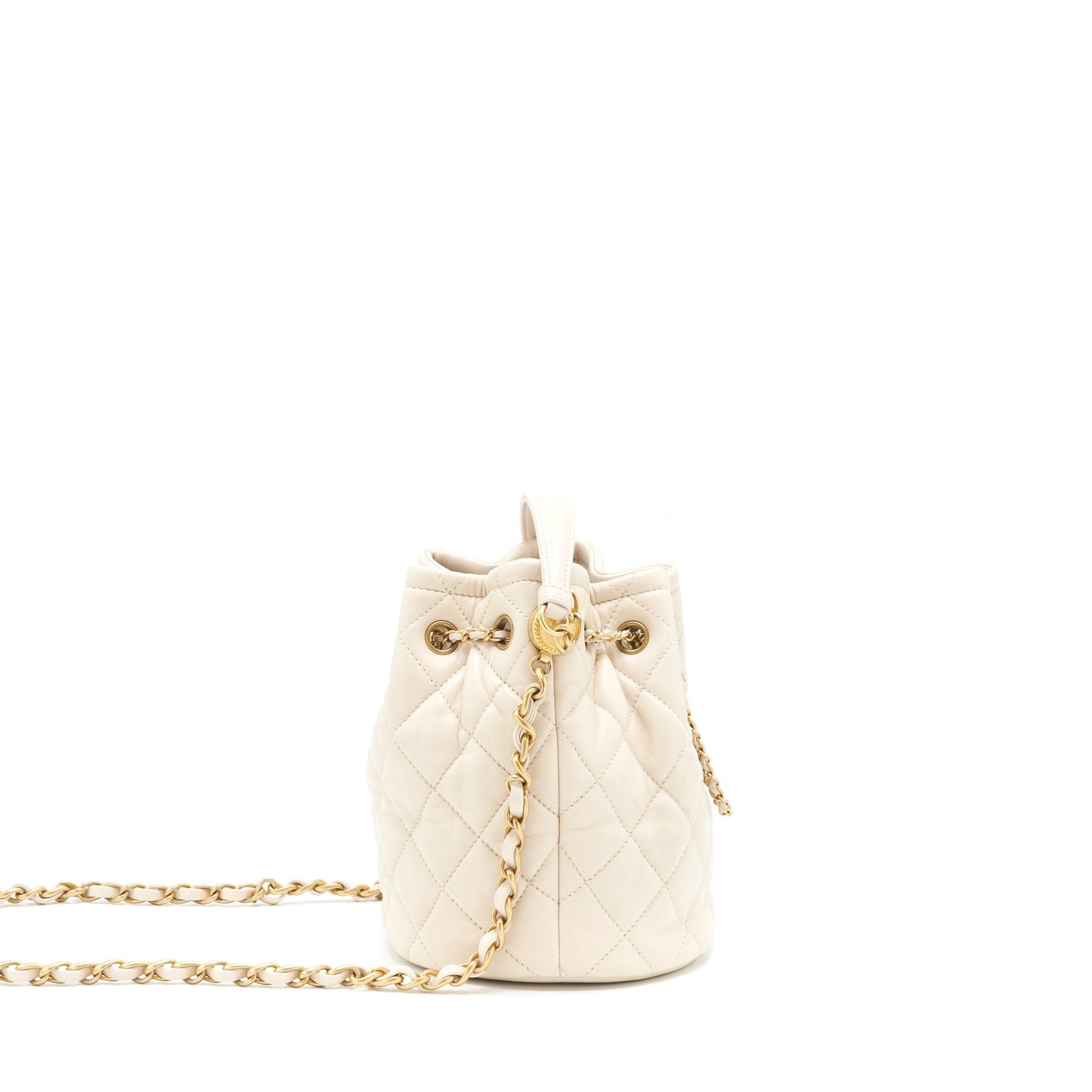 Chanel Button Bucket Lambskin GHW White Crossbody Bag