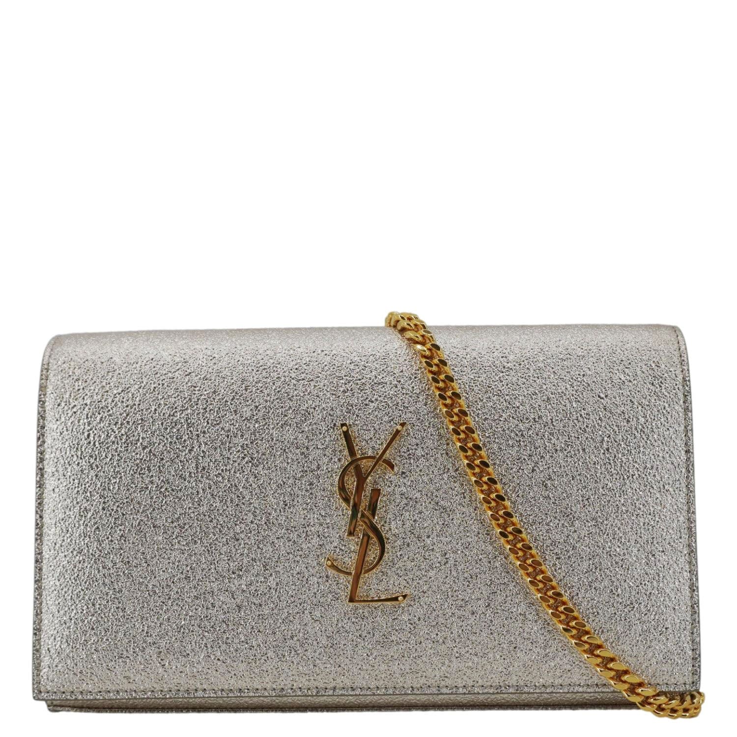 YSL Saint Laurent Yves Kate Metallic Crossbody Bag Leather Silver Small