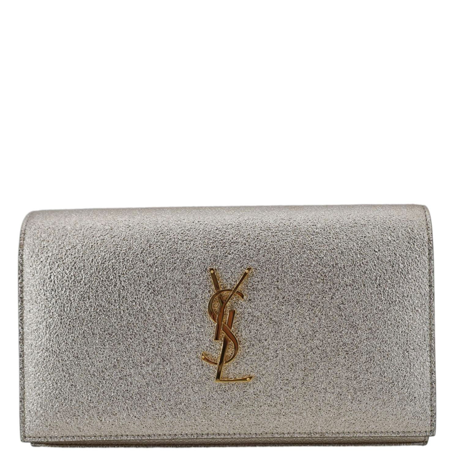 YSL Saint Laurent Yves Kate Metallic Crossbody Bag Leather Silver Small