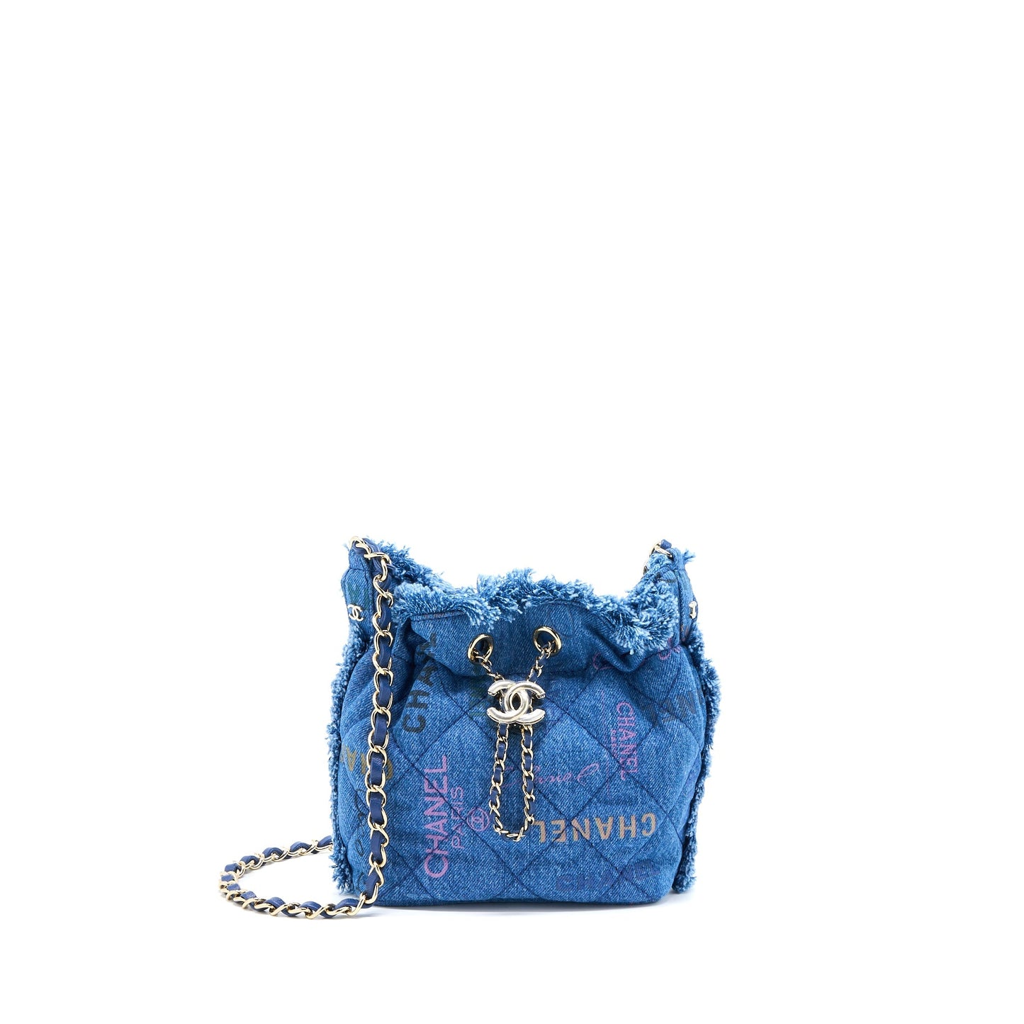 Chanel 22P Denim Bucket LGHW Microchip Blue Small Bucket Bag