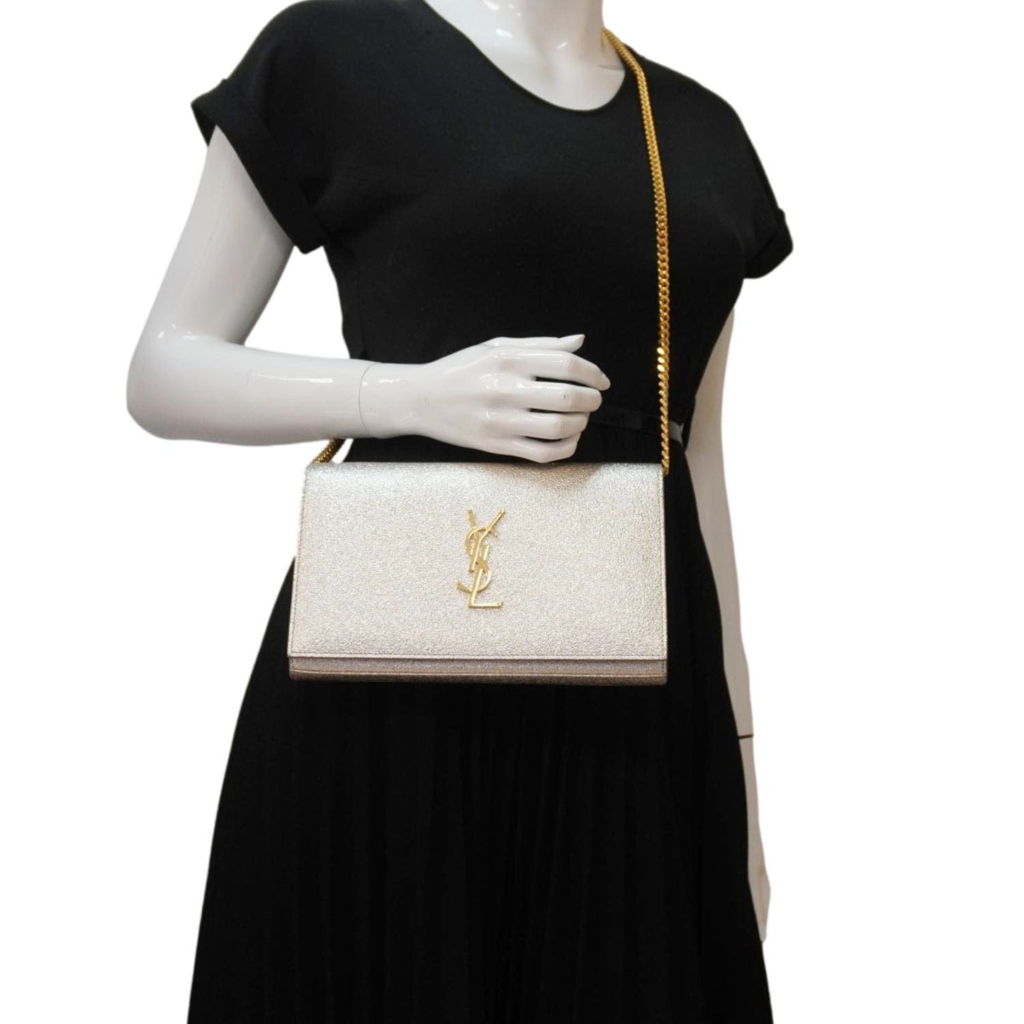 YSL Saint Laurent Yves Kate Metallic Crossbody Bag Leather Silver Small