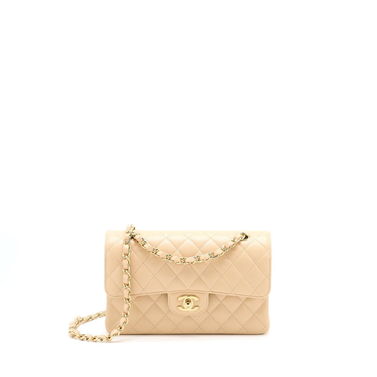 Chanel Classic Double Flap Caviar GHW Microchip Beige Small Shoulder Bag