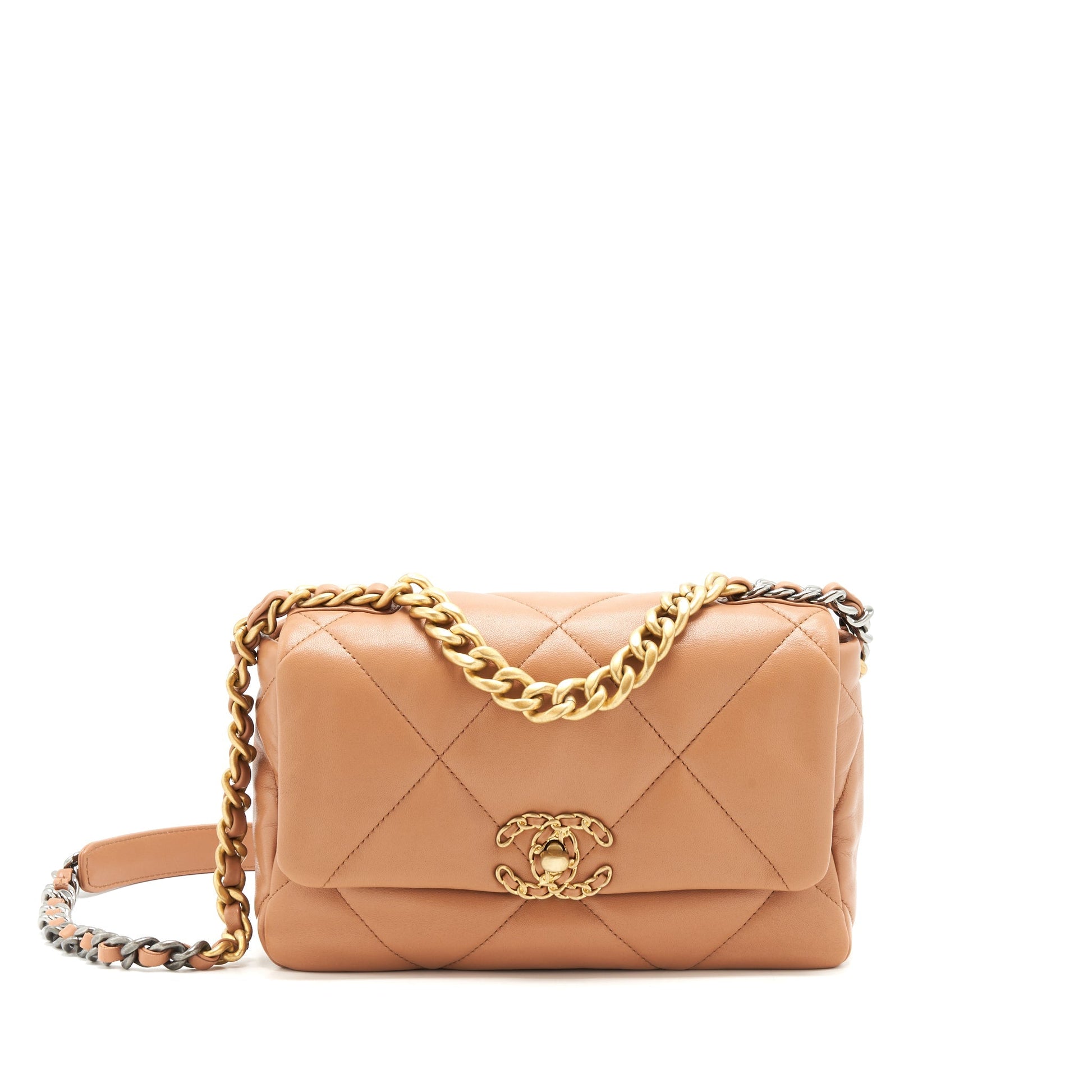 Chanel 21K 19 Flap Lambskin Caramel GHW Small Shoulder Bag