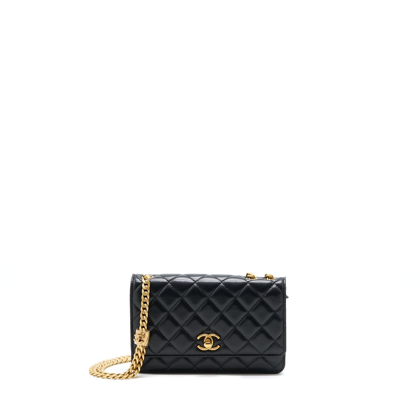 Chanel 22K Pillar On Lambskin Brushed GHW Black Gold Wallet Case Brushed Ghwmicrochip