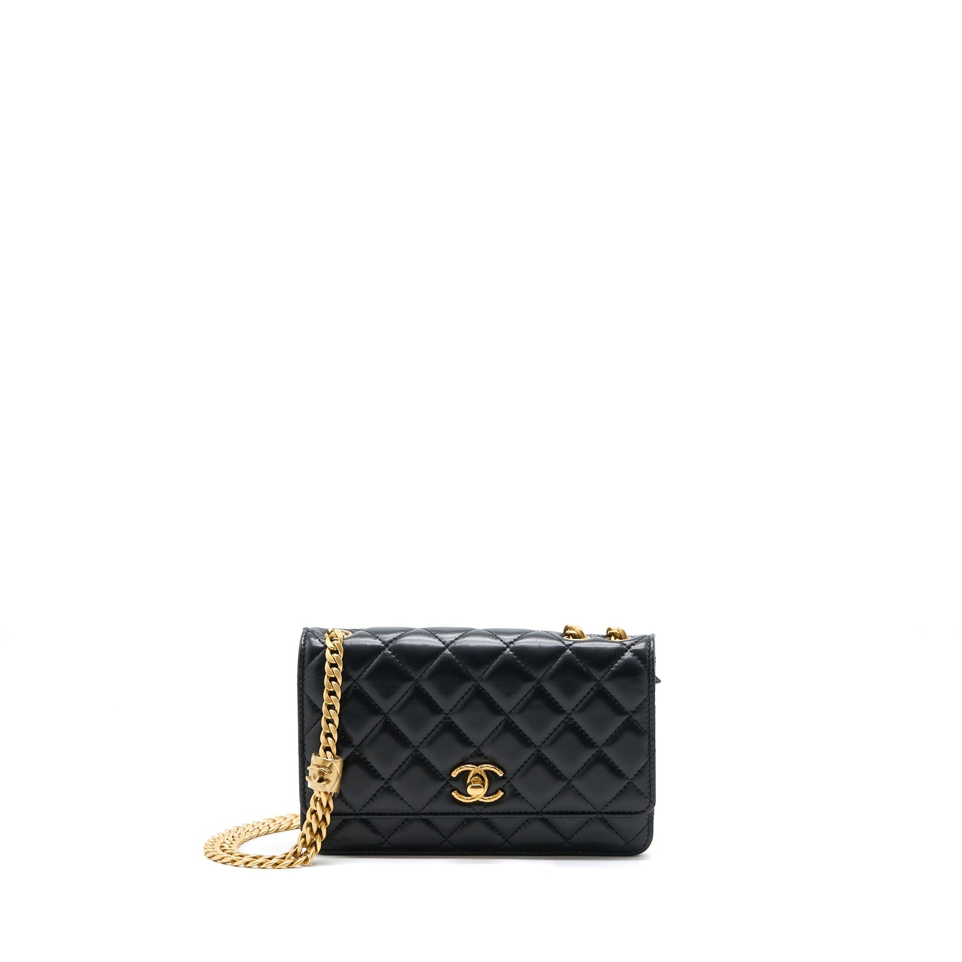 Chanel 22K Pillar On Lambskin Brushed GHW Black Gold Wallet Case Brushed Ghwmicrochip