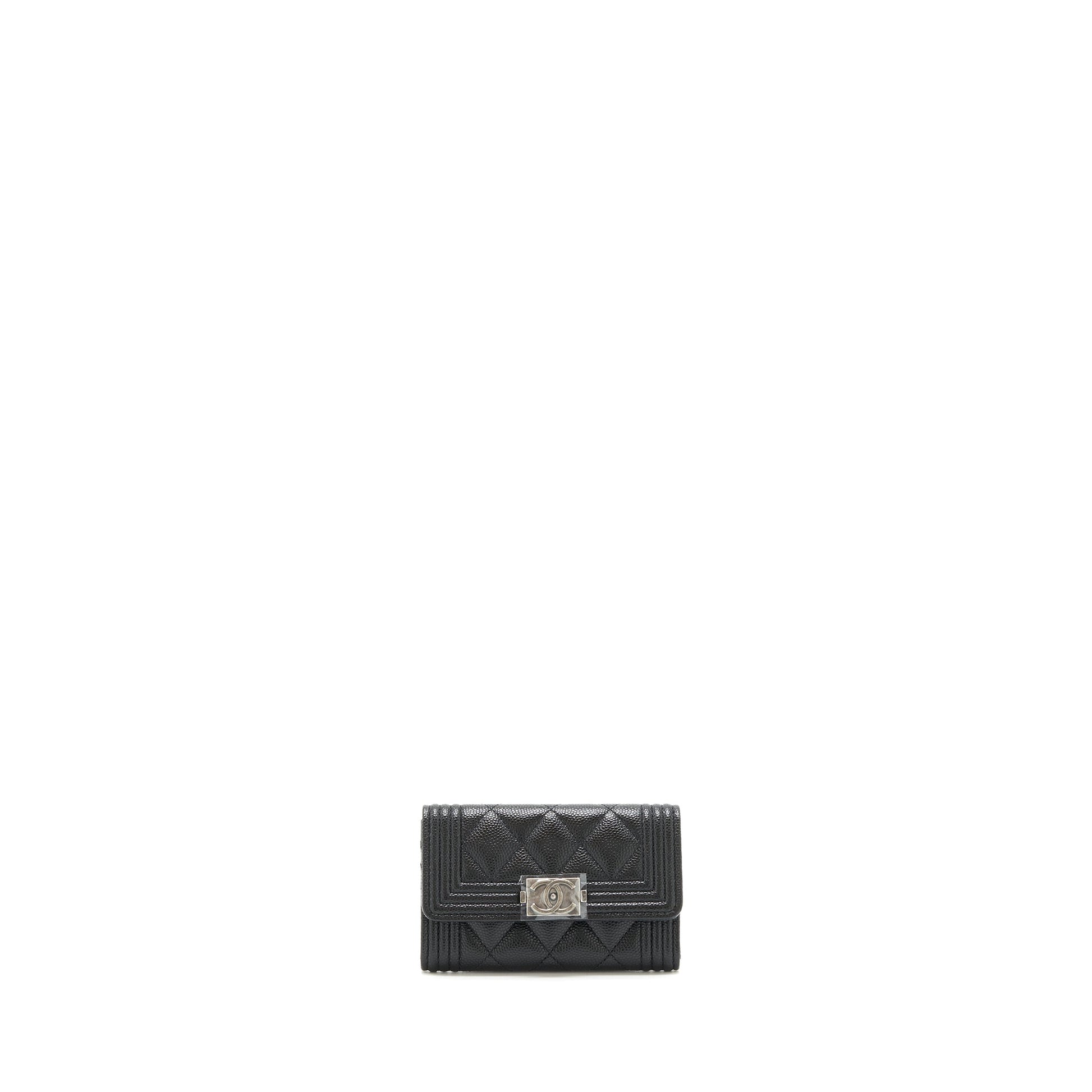 Chanel Boy Cardholder Caviar Ruthenium SHW Black Wallet Case