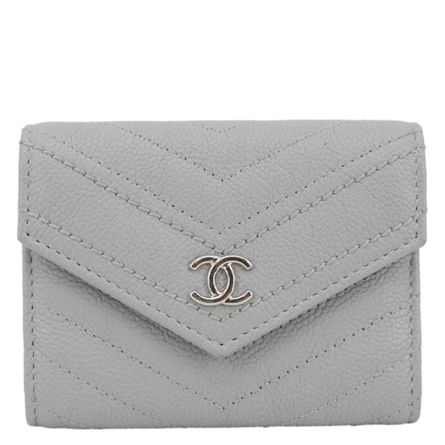 Chanel Envelope Flap Chevron Caviar Leather Compact Wallet Grey