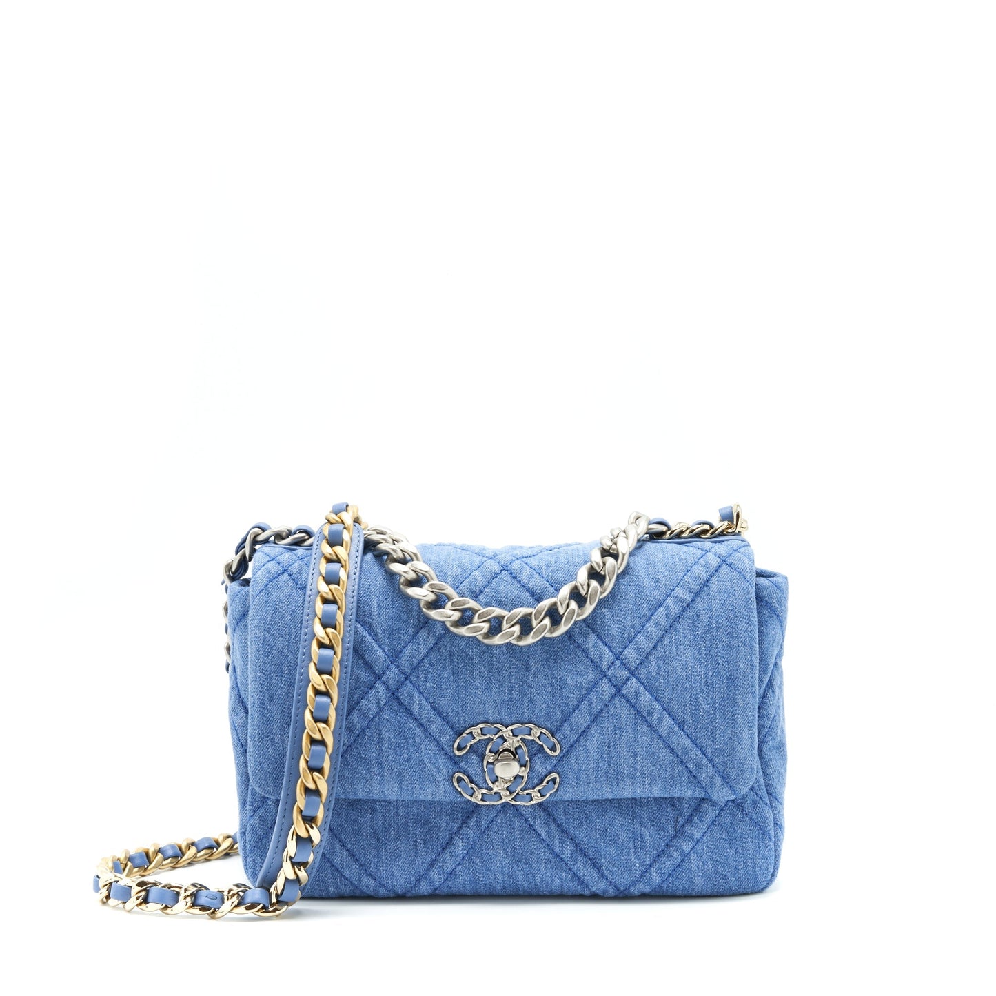 Chanel 22P Denim 19 light Sliver Hardware Blue Gold Small Handbag