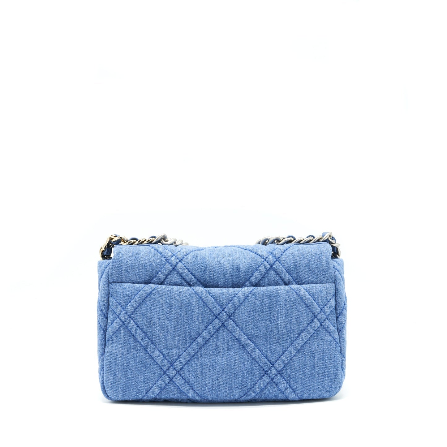 Chanel 22P Denim 19 light Sliver Hardware Blue Gold Small Handbag