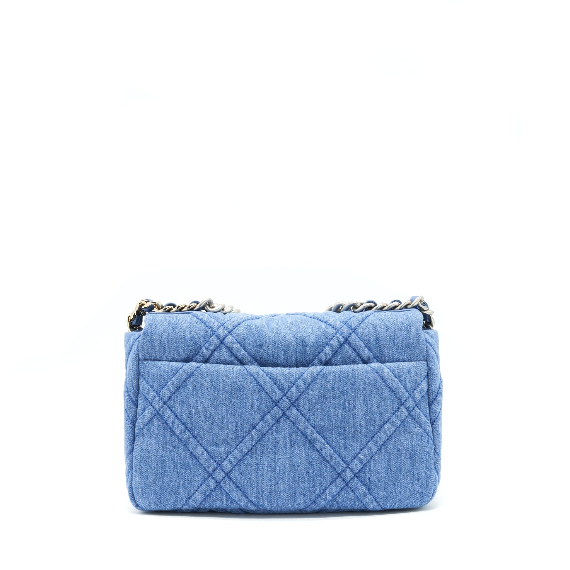 Chanel 22P Denim 19 light Sliver Hardware Blue Gold Small Handbag