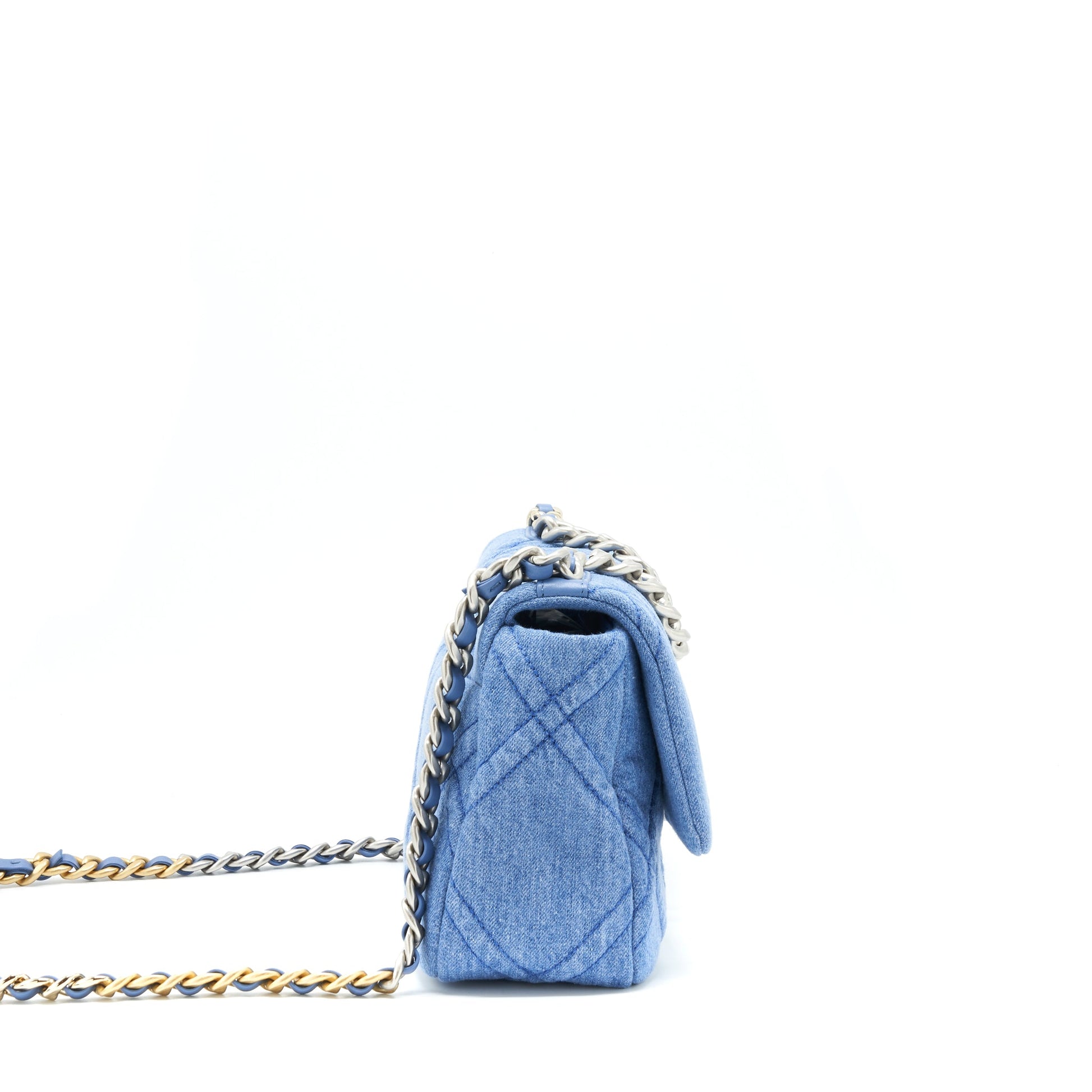 Chanel 22P Denim 19 light Sliver Hardware Blue Gold Small Handbag