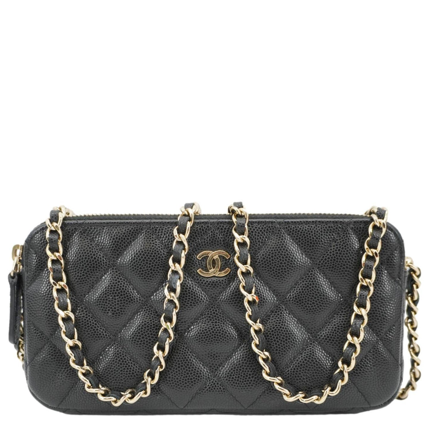 Chanel on Double Zip Caviar Leather Black Wallet Case