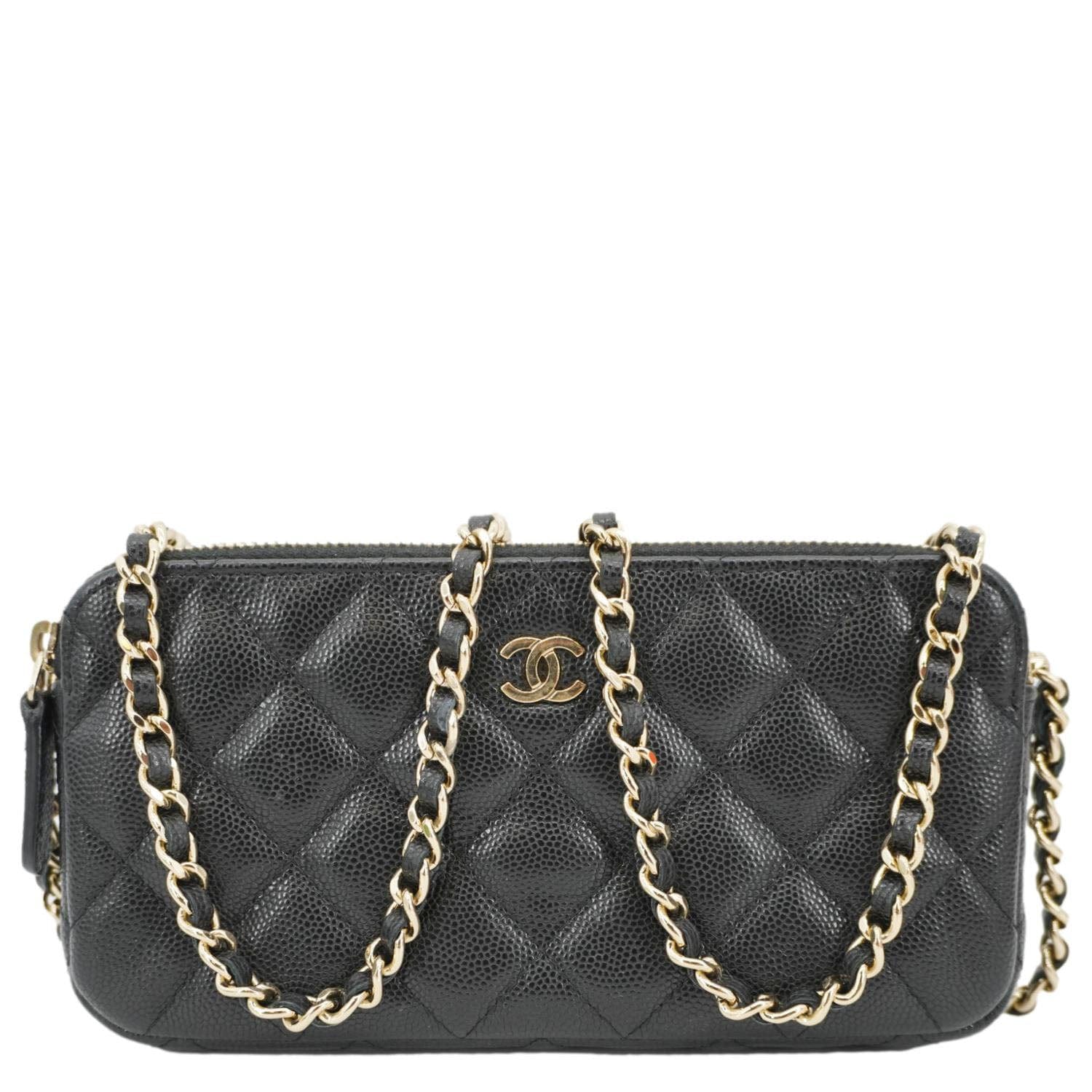 Chanel on Double Zip Caviar Leather Black Wallet Case