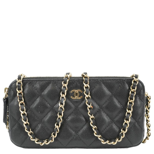 Chanel on Double Zip Caviar Leather Black Wallet Case
