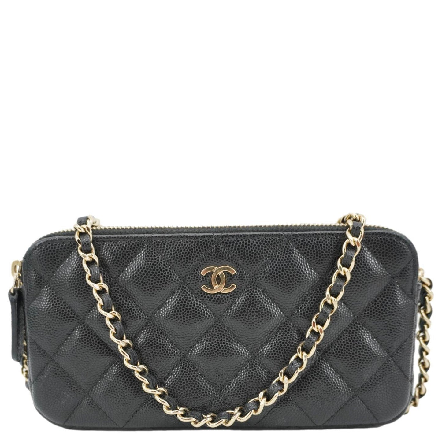 Chanel on Double Zip Caviar Leather Black Wallet Case
