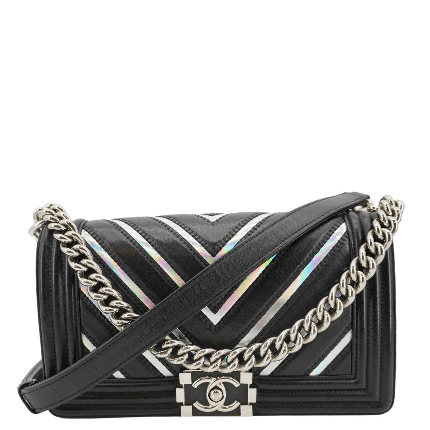 Chanel Boy Flap Chevron Leather with Holographic PVC Crossbody Bag Black