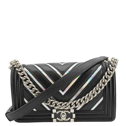Chanel Boy Flap Chevron Leather with Holographic PVC Crossbody Bag Black