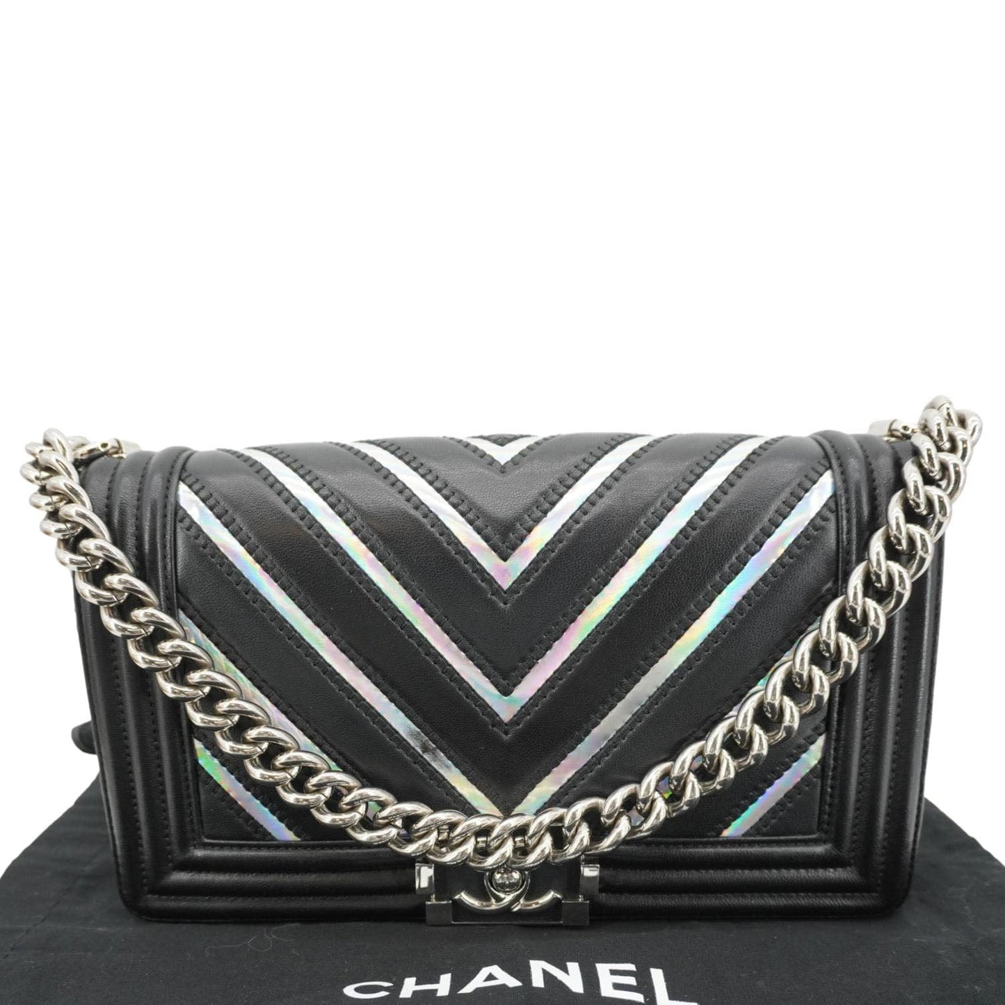 Chanel Boy Flap Chevron Leather With Holographic Pvc Crossbody Bag Black