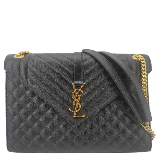 YSL Saint Laurent Yves Envelope Shoulder Bag Leather Black Chain