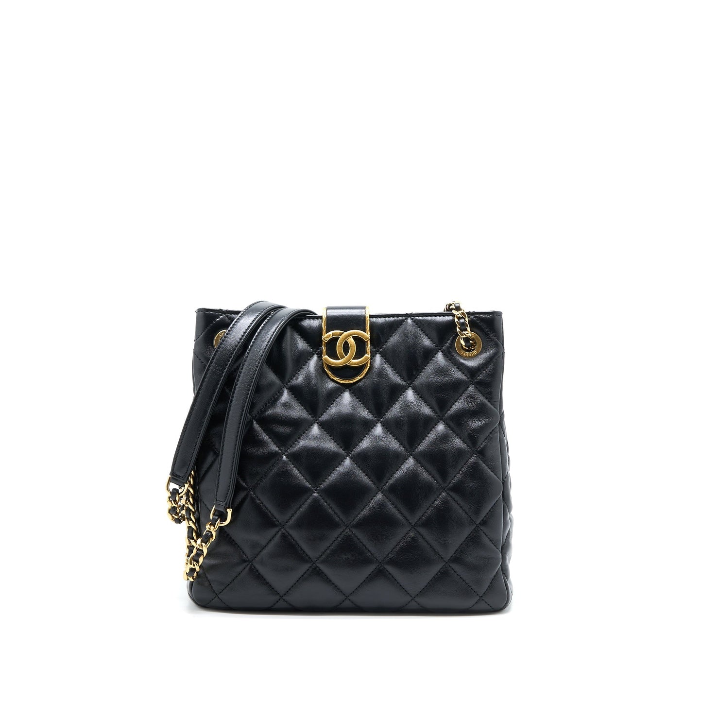 Chanel Seasonal Lambskin Brushed GHW Microchip Black Tote Bag