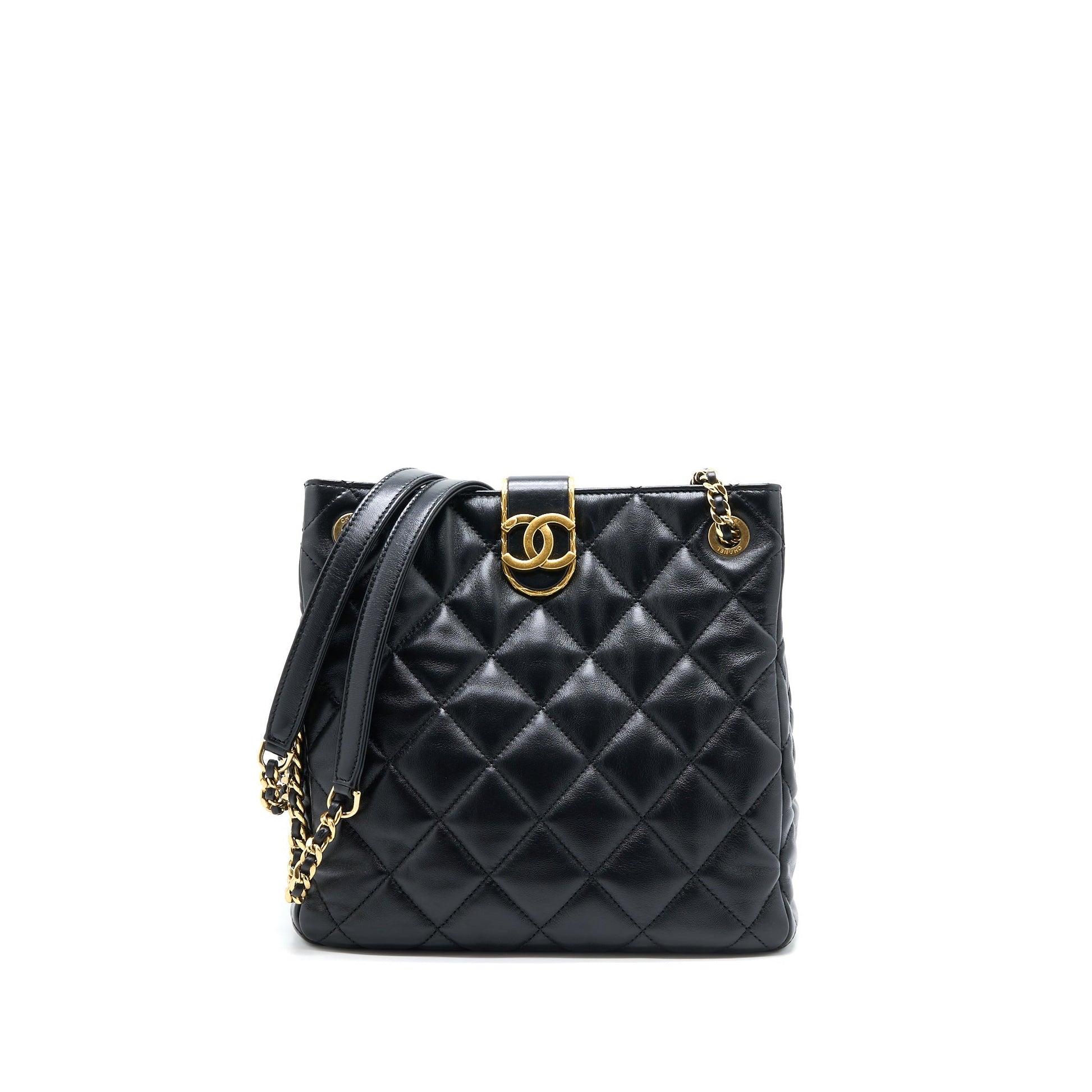 Chanel Seasonal Lambskin Brushed GHW Microchip Black Tote Bag