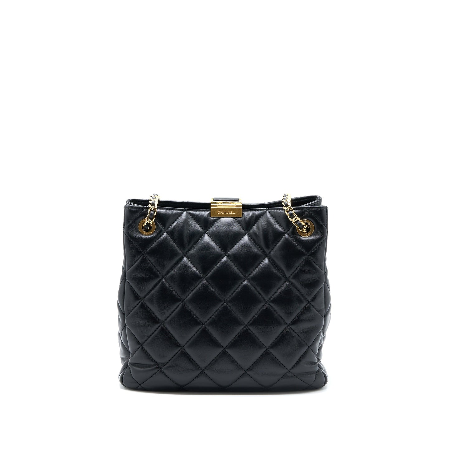 Chanel Seasonal Lambskin Brushed GHW Microchip Black Tote Bag