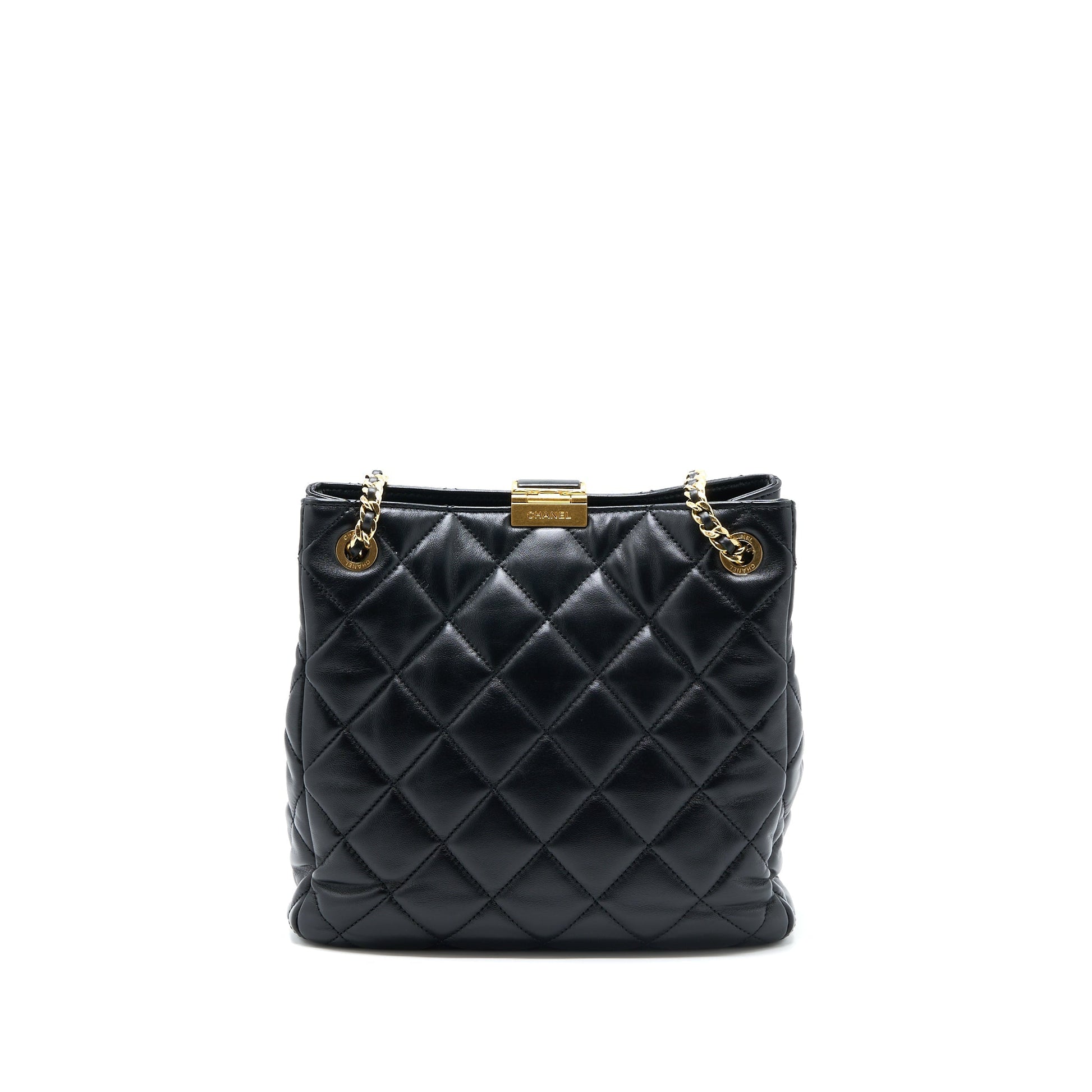 Chanel Seasonal Lambskin Brushed GHW Microchip Black Tote Bag